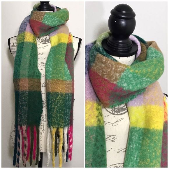 Cozy & Soft Plaid Brushed Scarf in Olive Green Multicolored - Picture 6 of 8